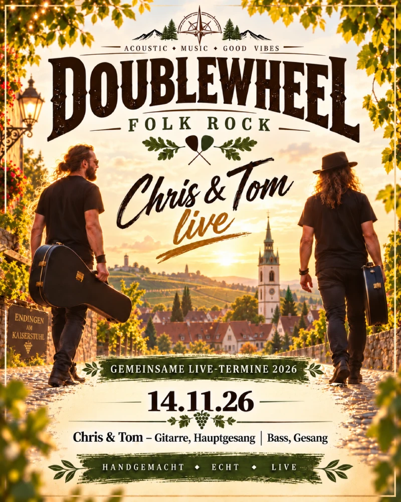 Konzertplakat für „Doublewheel Folk Rock – Chris & Tom live“ in Endingen am Kaiserstuhl am 14.11.2026