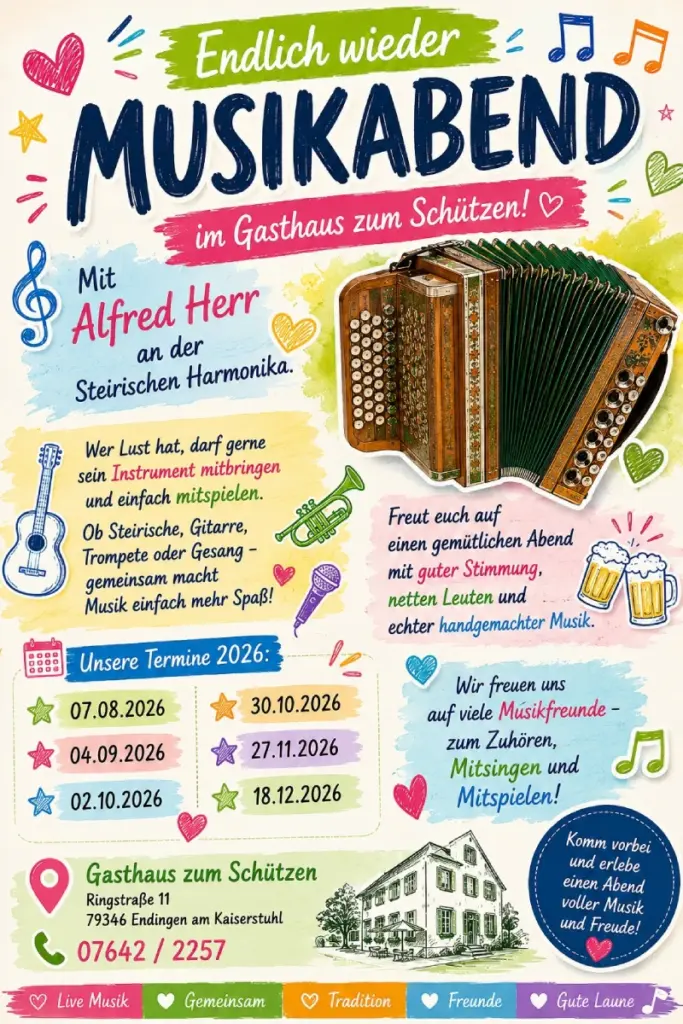 Veranstaltungsplakat für den „Musikabend im Gasthaus zum Schützen“ mit Alfred Herr an der Steirischen Harmonika, inklusive Termine für das Jahr 2026 und Kontaktinformationen