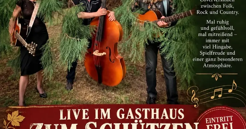 Veranstaltungsplakat: The Cherrychords live im Gasthaus zum Schützen in Endingen am Kaiserstuhl. Folk, Rock und Country Konzert am Samstag, 12. Dezember 2026 ab 18:00 Uhr. Eintritt frei, der Hut geht rum.